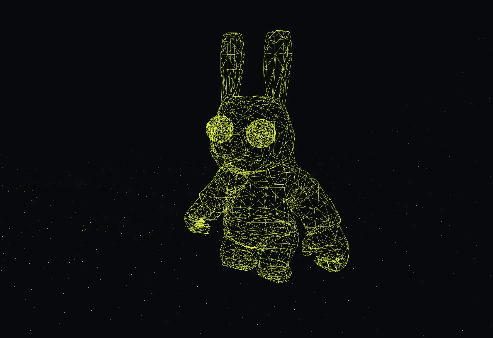 Wireframe rendering of a rabbit figure, drawn in yellow lines on black and surrounded by scattered points of light